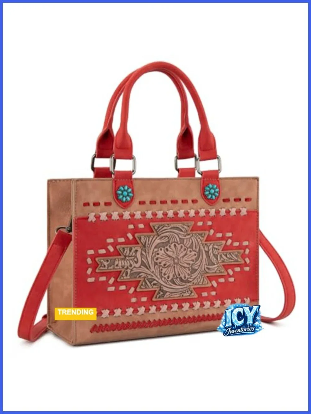 Montana West Tooling Top Handle Purse Western Woven Floral Faux Leather Handbag